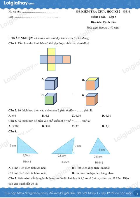 Đề kiểm tra giữa học kì 2 Toán 5 Cánh diều - Đề số 4